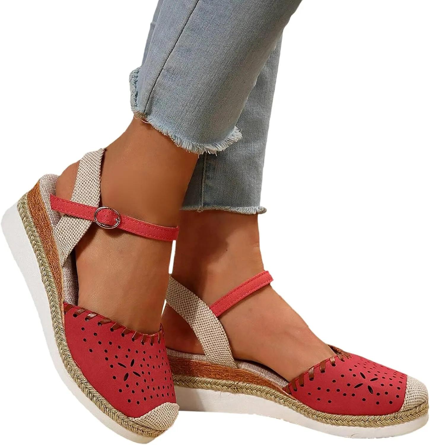 Wedge Sandals for Women Summer Arch Support Orthopedic Sandals, Hollow Open Toe Breathable Sandal Comfortable Ankle Strap Platform Sandal Slip on Outdoor Shoes