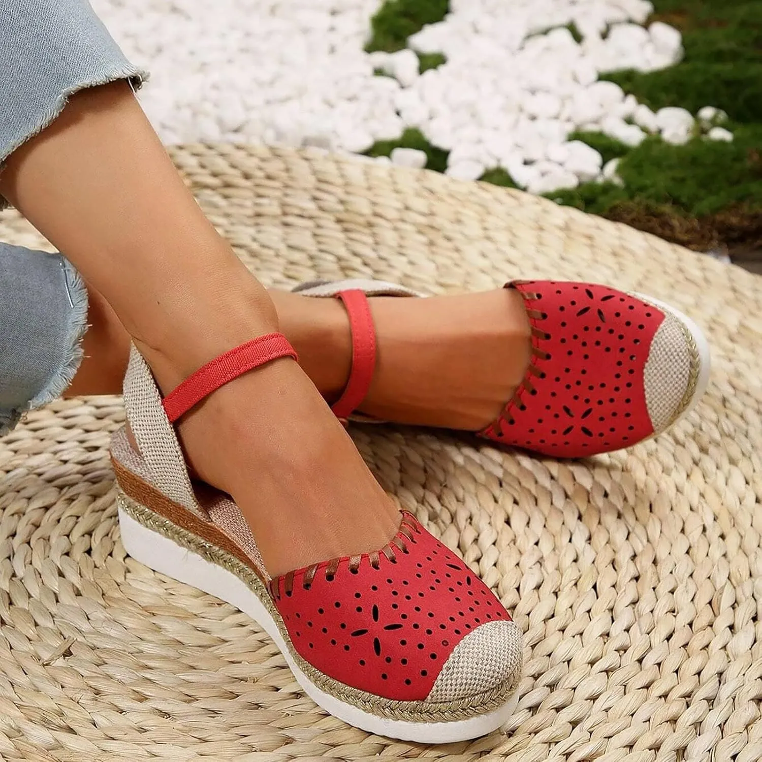 Wedge Sandals for Women Summer Arch Support Orthopedic Sandals, Hollow Open Toe Breathable Sandal Comfortable Ankle Strap Platform Sandal Slip on Outdoor Shoes
