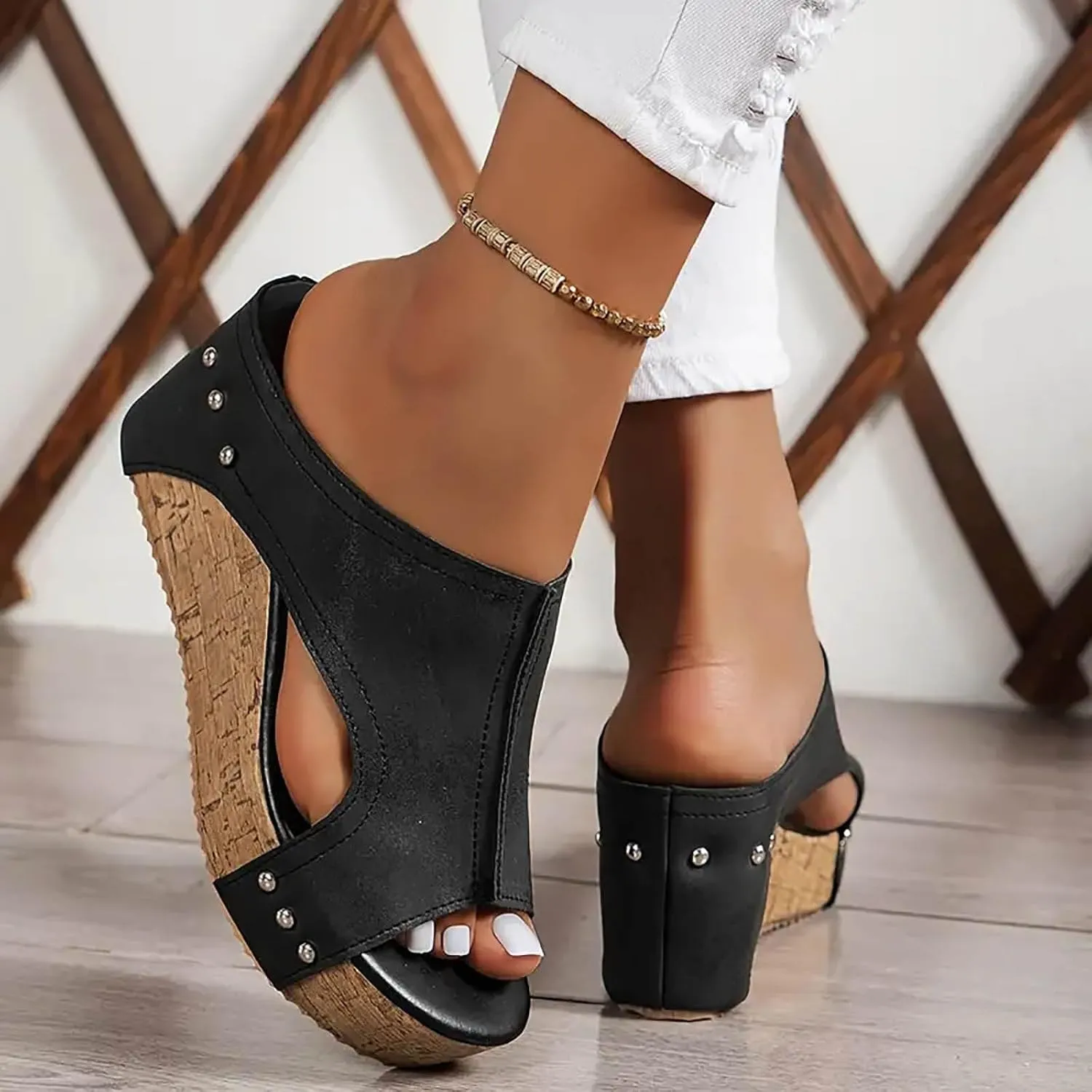 Wedge Sandals for Women Summer Open Toe Espadrilles Platform Sandals, Fashion Fish Mouth Walking Slippers Slip on Leather Platform Wedges with Arch Support All Day Comfort