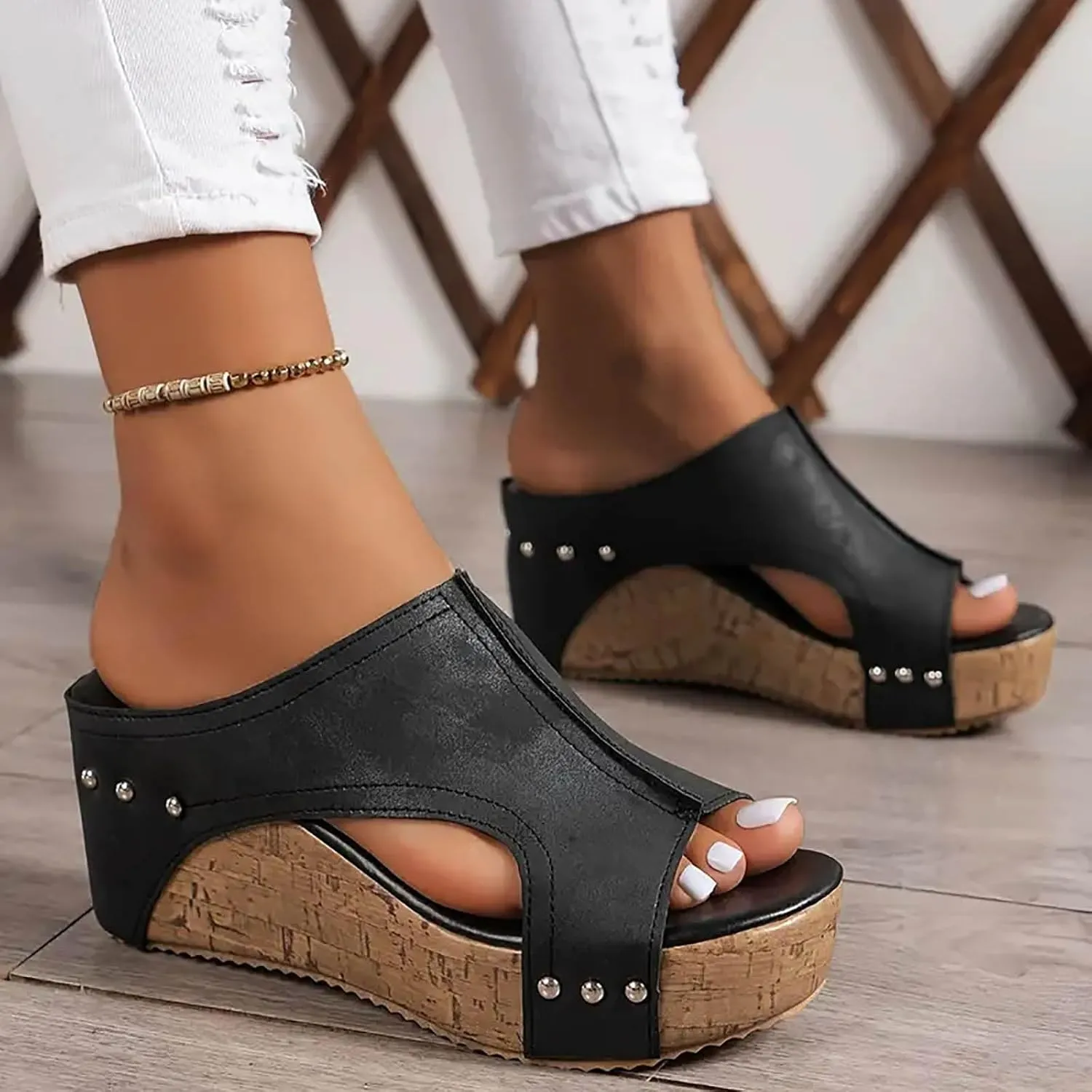 Wedge Sandals for Women Summer Open Toe Espadrilles Platform Sandals, Fashion Fish Mouth Walking Slippers Slip on Leather Platform Wedges with Arch Support All Day Comfort