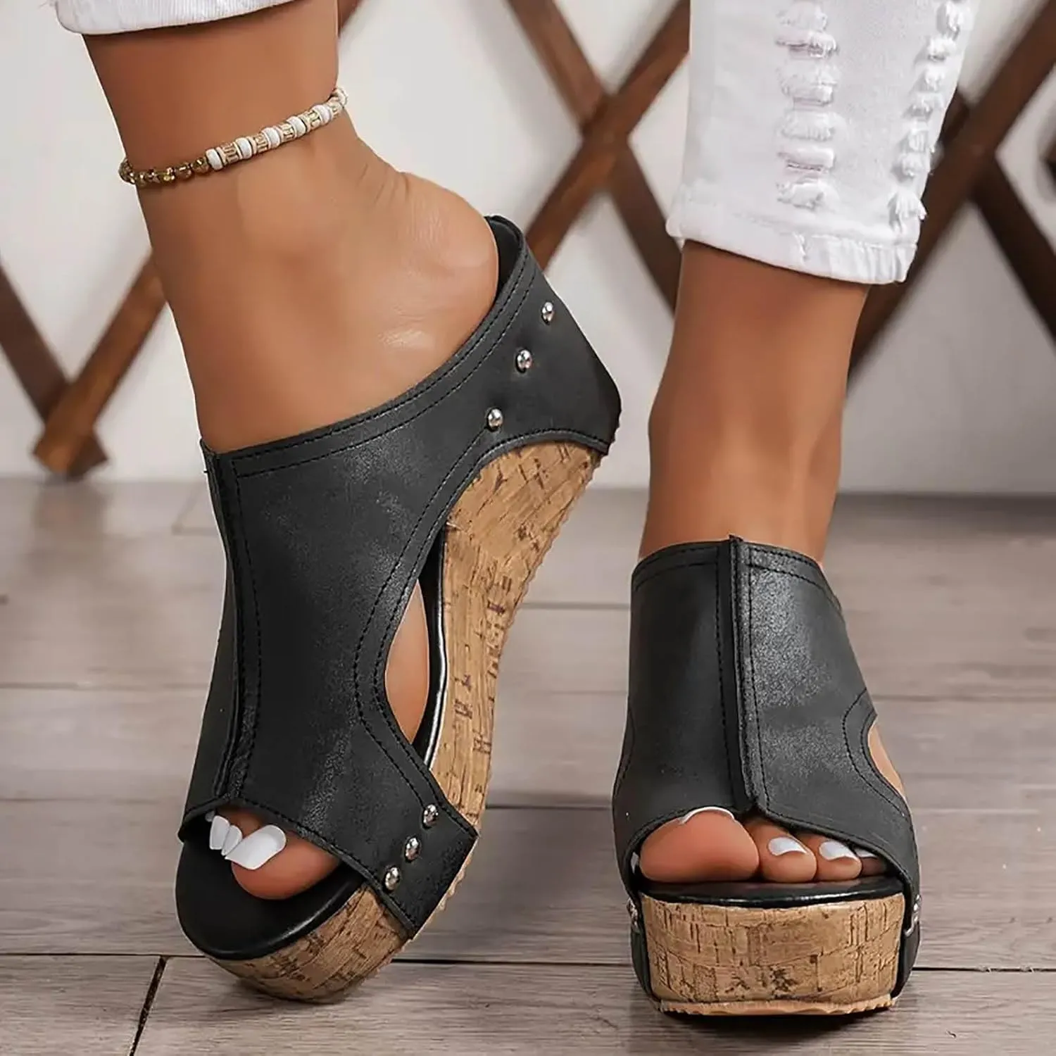 Wedge Sandals for Women Summer Open Toe Espadrilles Platform Sandals, Fashion Fish Mouth Walking Slippers Slip on Leather Platform Wedges with Arch Support All Day Comfort