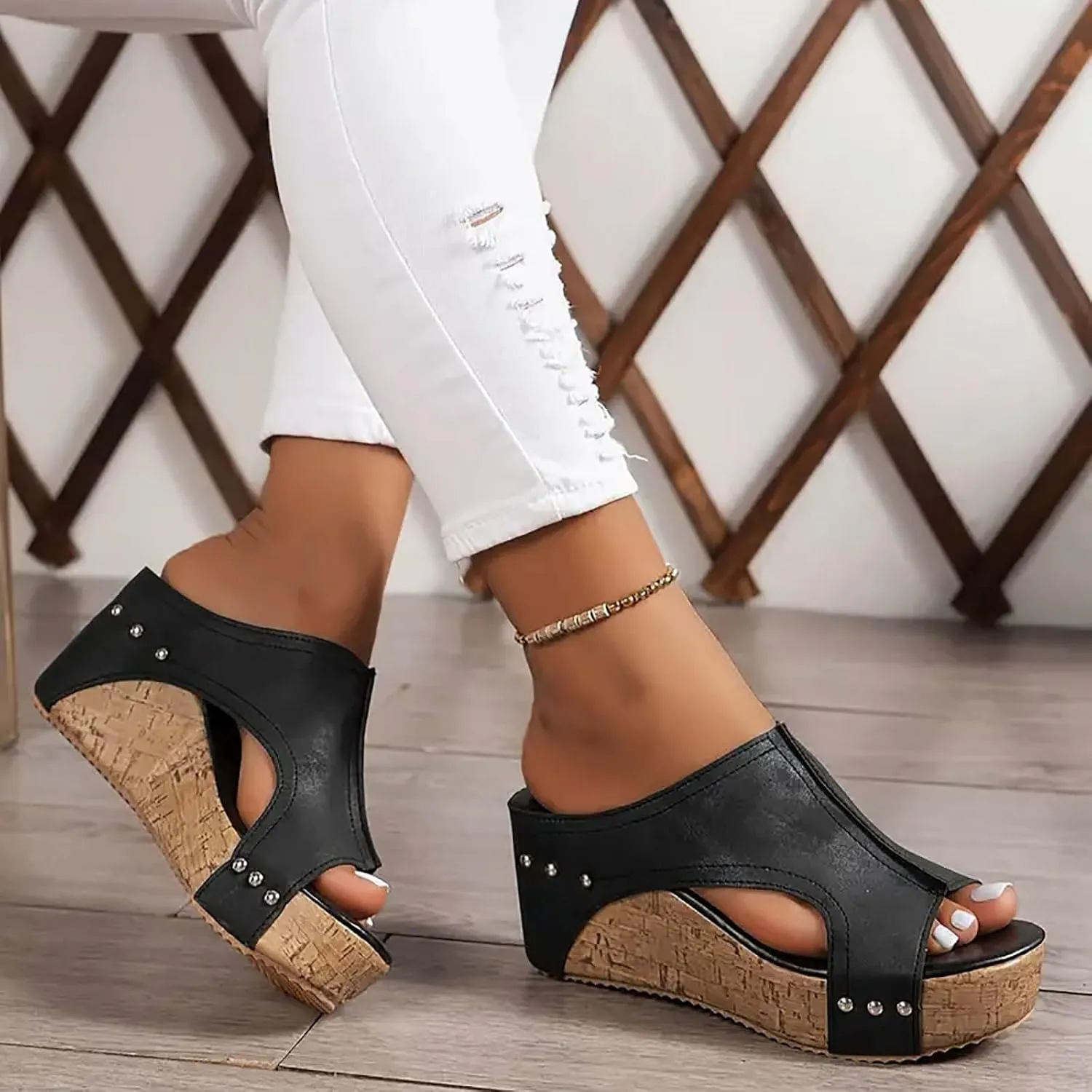 Wedge Sandals for Women Summer Open Toe Espadrilles Platform Sandals, Fashion Fish Mouth Walking Slippers Slip on Leather Platform Wedges with Arch Support All Day Comfort