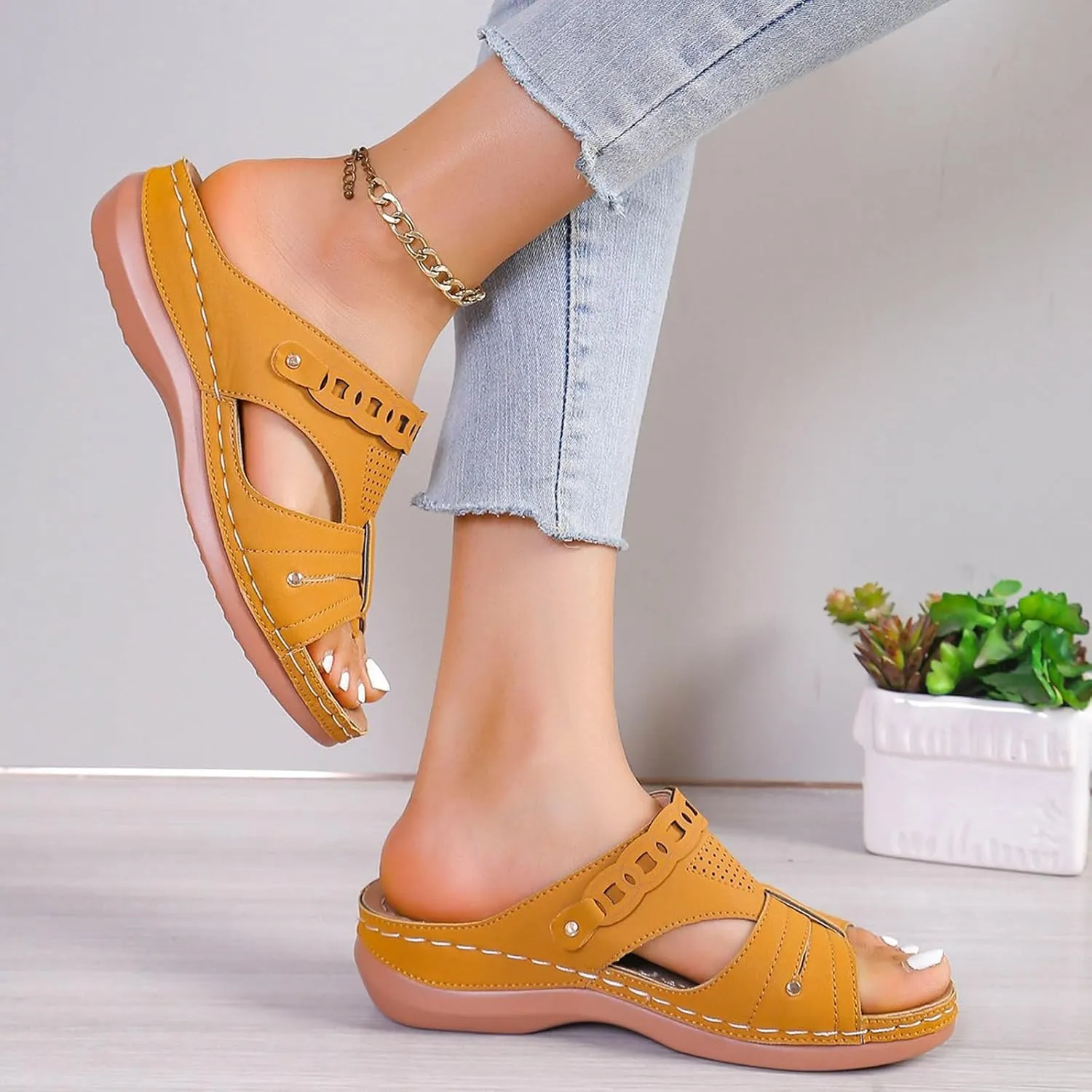 Wedge Sandals for Women with Arch Support Summer Casual Slip On Fish Mouth Open Toe Platform Slippers Flowers Hollow Slides Beach Shoes Orthopedic Wide Width Flat Gladiator Leather Flip Flops