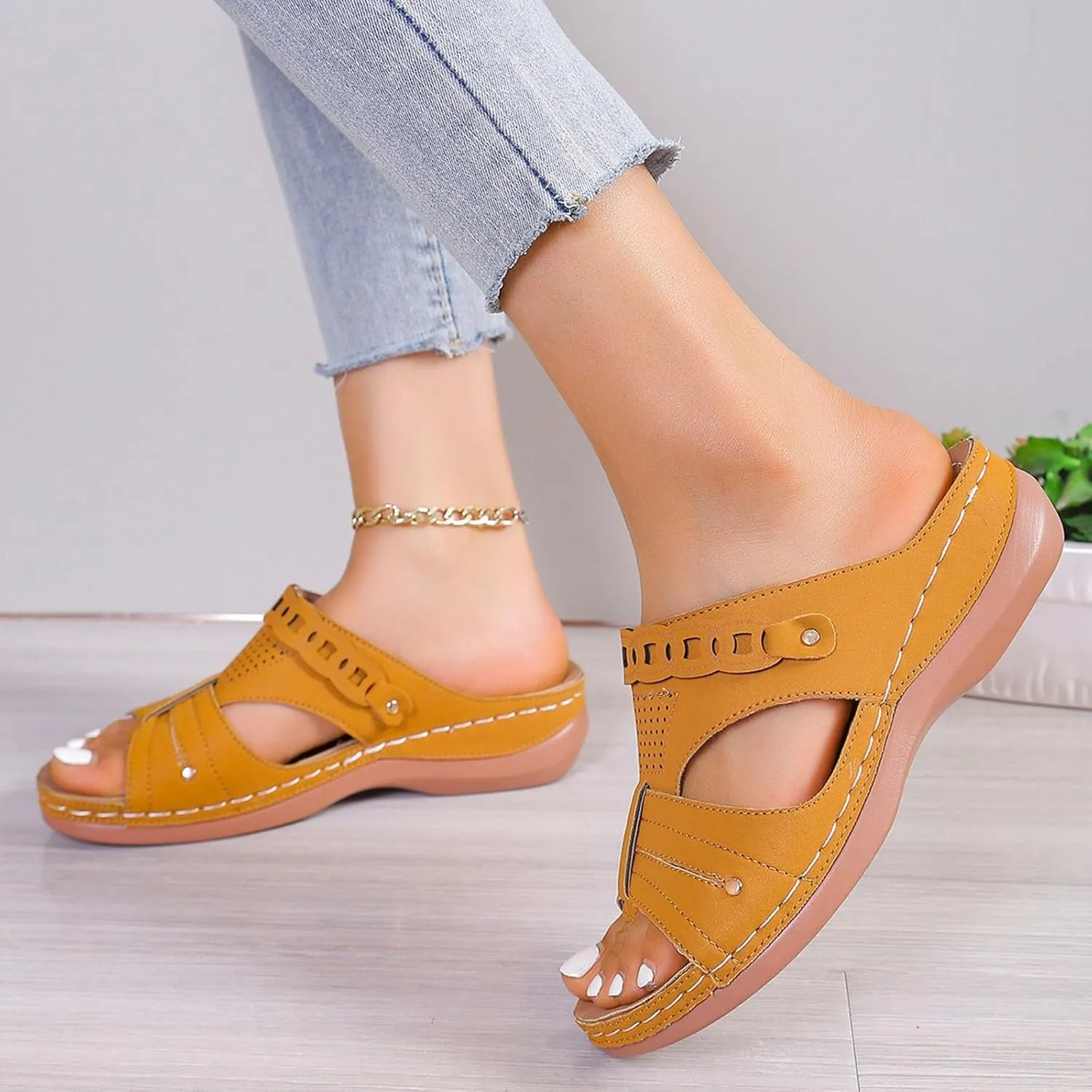 Wedge Sandals for Women with Arch Support Summer Casual Slip On Fish Mouth Open Toe Platform Slippers Flowers Hollow Slides Beach Shoes Orthopedic Wide Width Flat Gladiator Leather Flip Flops