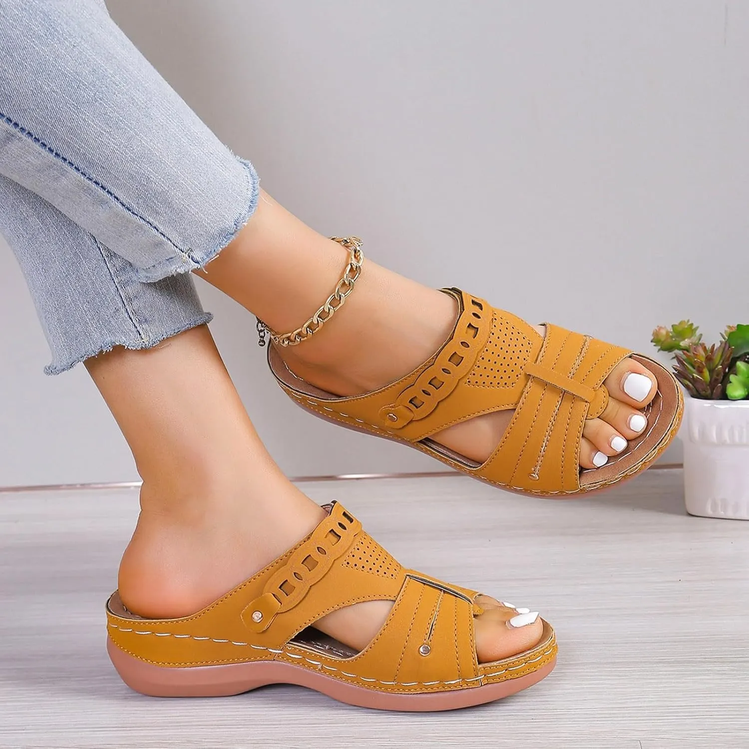 Wedge Sandals for Women with Arch Support Summer Casual Slip On Fish Mouth Open Toe Platform Slippers Flowers Hollow Slides Beach Shoes Orthopedic Wide Width Flat Gladiator Leather Flip Flops
