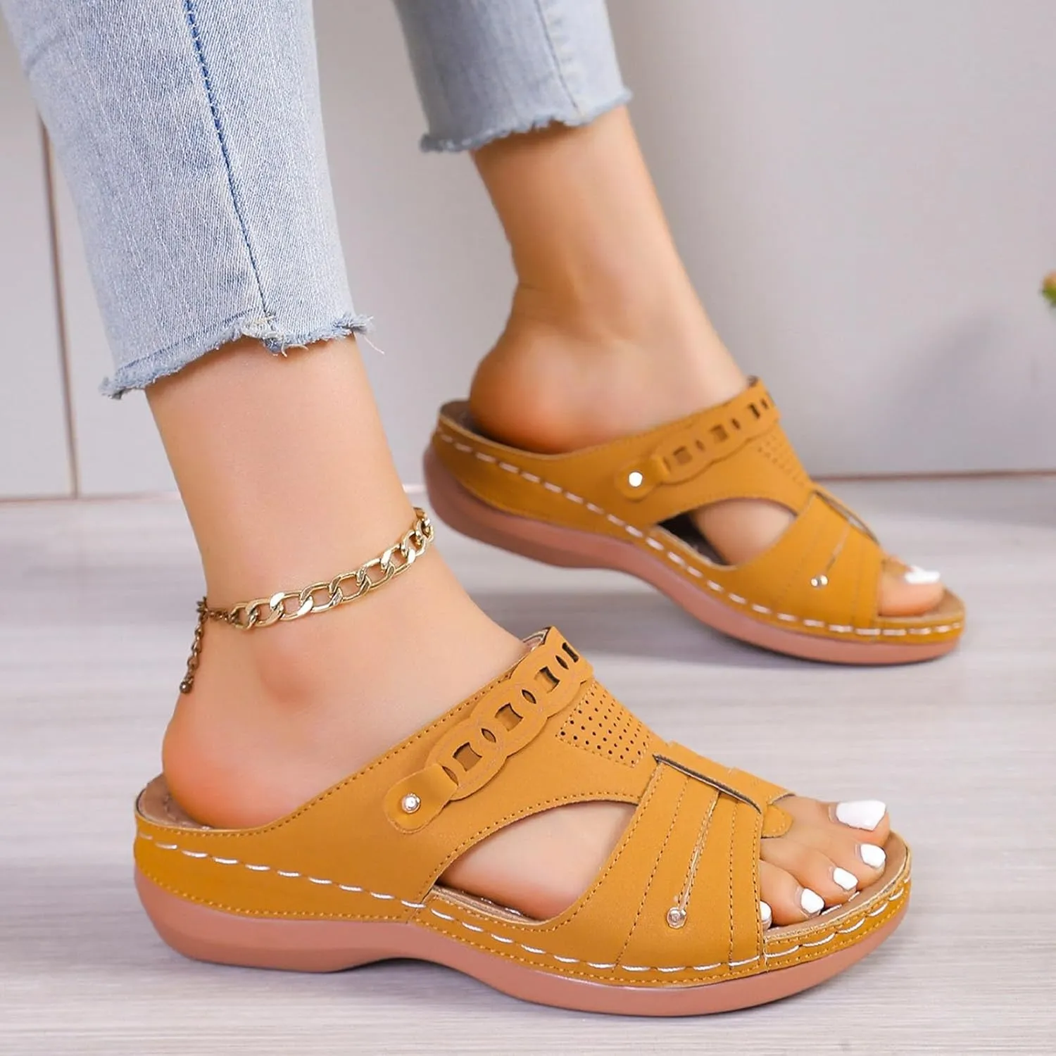 Wedge Sandals for Women with Arch Support Summer Casual Slip On Fish Mouth Open Toe Platform Slippers Flowers Hollow Slides Beach Shoes Orthopedic Wide Width Flat Gladiator Leather Flip Flops