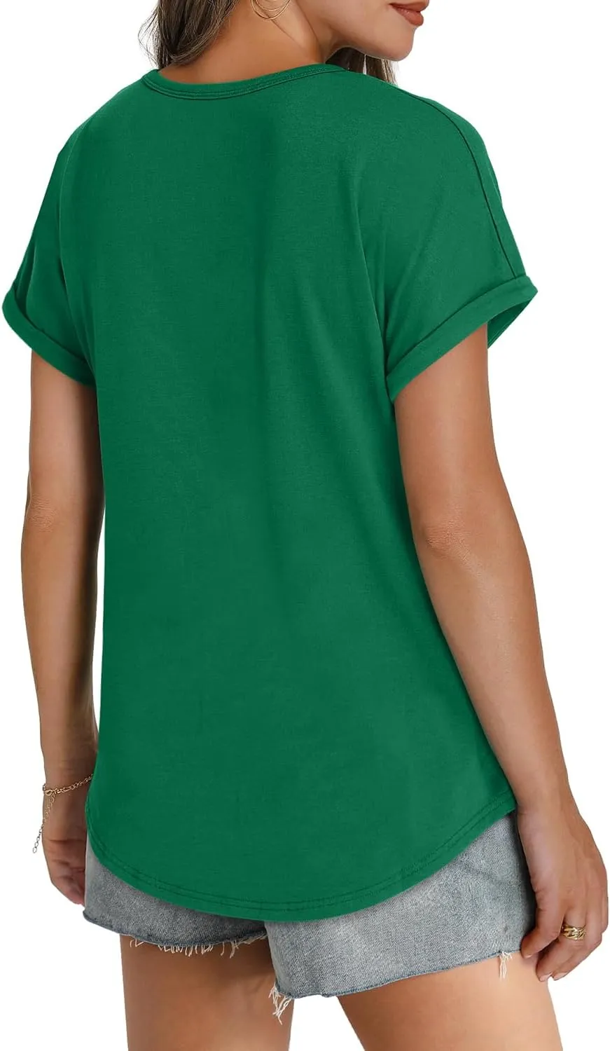 WEESO Womens T Shirts Crew Neck Rolled Short Sleeve Basic Summer Tops 2025 Casual Tees Curved Hem