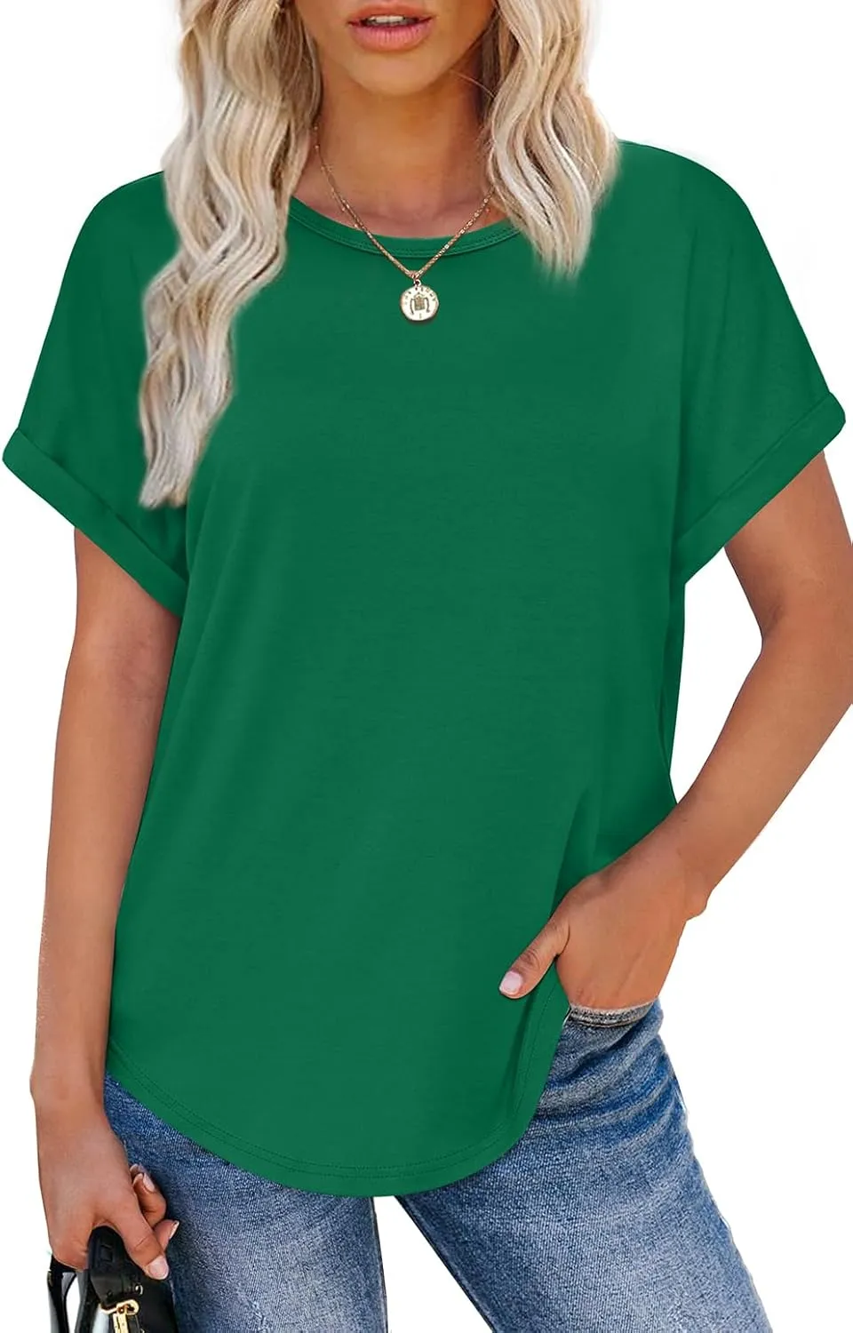 WEESO Womens T Shirts Crew Neck Rolled Short Sleeve Basic Summer Tops 2025 Casual Tees Curved Hem