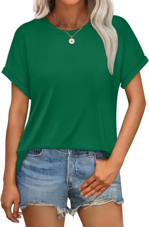 WEESO Womens T Shirts Crew Neck Rolled Short Sleeve Basic Summer Tops 2025 Casual Tees Curved Hem