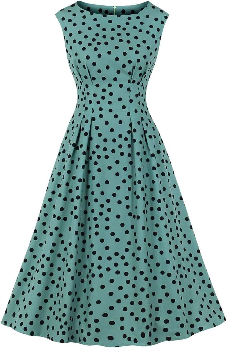Wellwits Women's Sleeveless Summer Midi Polka Dots Vintage Dress