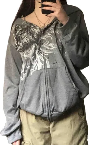 Winioder Women Y2K Zip Up Hoodie Vintage Graphic Oversized Hoodies Grunge Aesthetic Sweatshirt Jacket Skeleton Gothic Hoodie