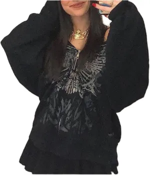 Winioder Women Y2K Zip Up Hoodie Vintage Graphic Oversized Hoodies Grunge Aesthetic Sweatshirt Jacket Skeleton Gothic Hoodie