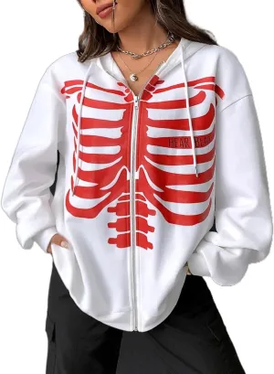 Winioder Women Y2K Zip Up Hoodie Vintage Graphic Oversized Hoodies Grunge Aesthetic Sweatshirt Jacket Skeleton Gothic Hoodie