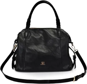 WJ Accessories Women's Faux Leather Satchel Handbag, Black, Braided Handle, Crossbody Strap