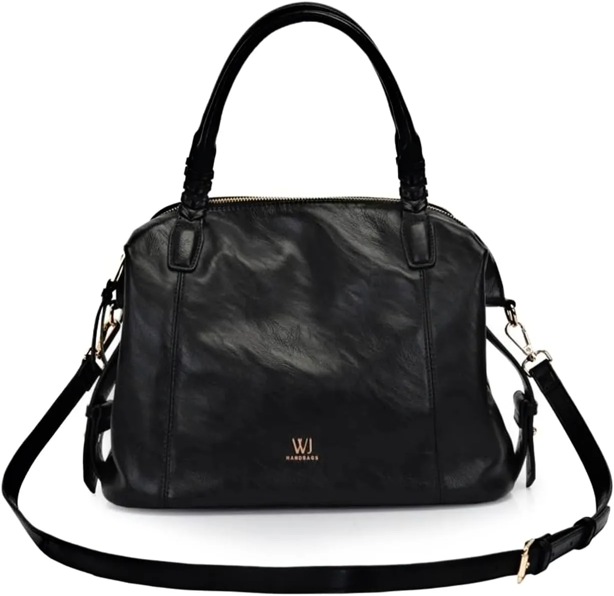 WJ Accessories Women's Faux Leather Satchel Handbag, Black, Braided Handle, Crossbody Strap