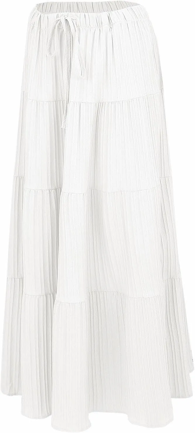Women Boho Elastic Waist A Line Ruffle Beach Convertible Maxi Skirt Dress Tired Pleated Drawstring Long Skirts