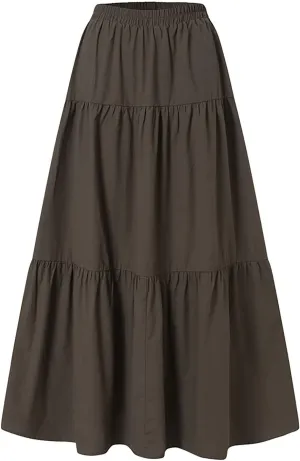 Women Boho Elastic Waist A Line Ruffle Beach Convertible Maxi Skirt Dress Tired Pleated Drawstring Long Skirts