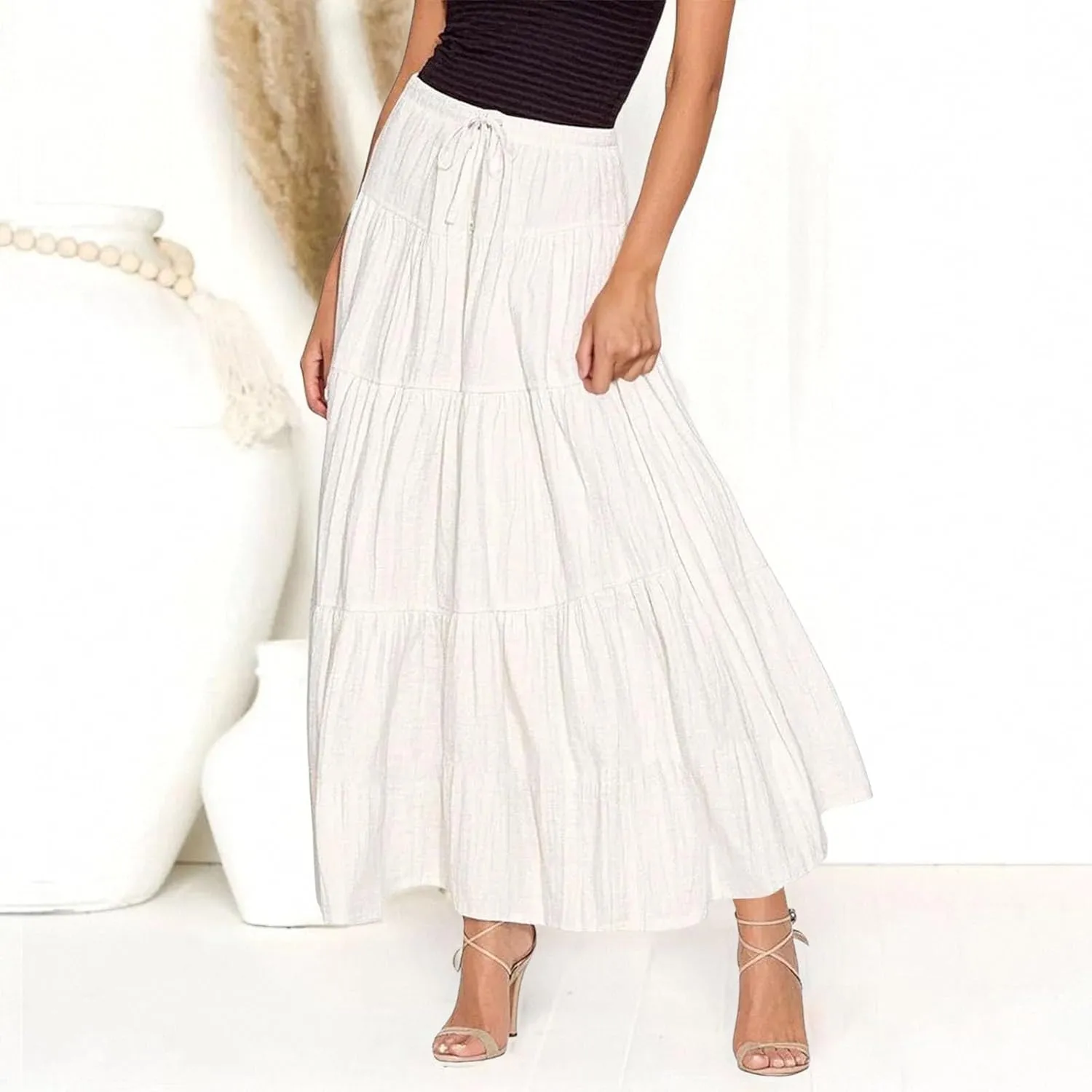 Women Boho Elastic Waist A Line Ruffle Beach Convertible Maxi Skirt Dress Tired Pleated Drawstring Long Skirts