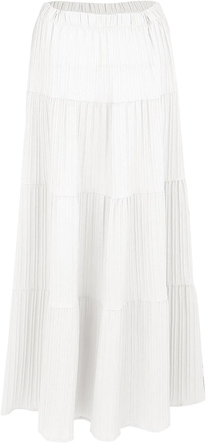 Women Boho Elastic Waist A Line Ruffle Beach Convertible Maxi Skirt Dress Tired Pleated Drawstring Long Skirts