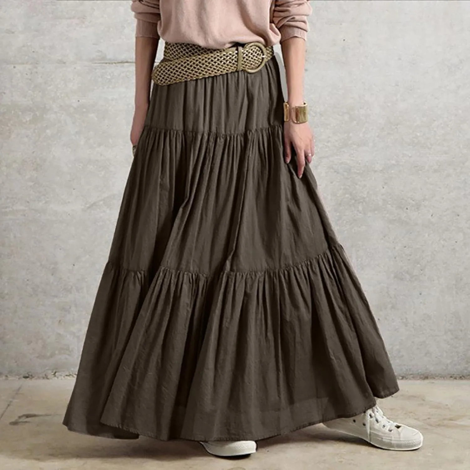 Women Boho Elastic Waist A Line Ruffle Beach Convertible Maxi Skirt Dress Tired Pleated Drawstring Long Skirts