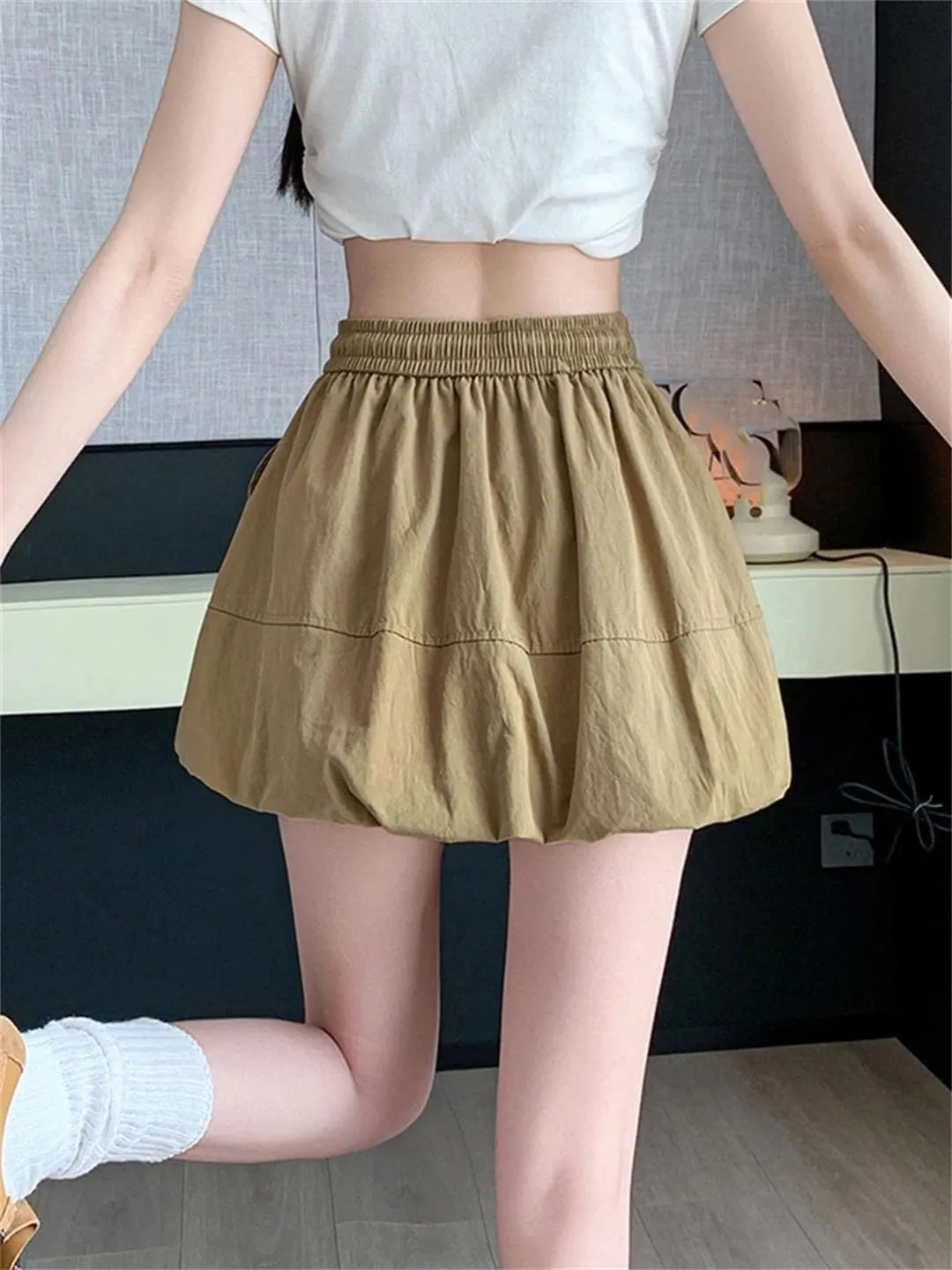 Women Cargo Style High Waisted Lantern Mini Skirt Drawstring Casual Vintage Sexy A-Line Skirt