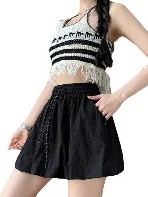 Women Cargo Style High Waisted Lantern Mini Skirt Drawstring Casual Vintage Sexy A-Line Skirt