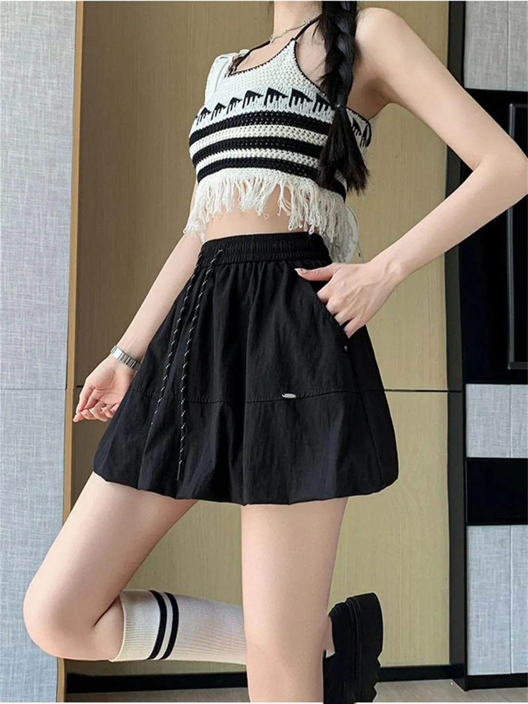 Women Cargo Style High Waisted Lantern Mini Skirt Drawstring Casual Vintage Sexy A-Line Skirt