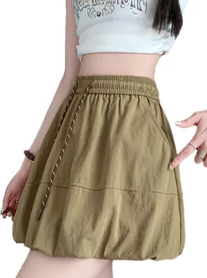 Women Cargo Style High Waisted Lantern Mini Skirt Drawstring Casual Vintage Sexy A-Line Skirt