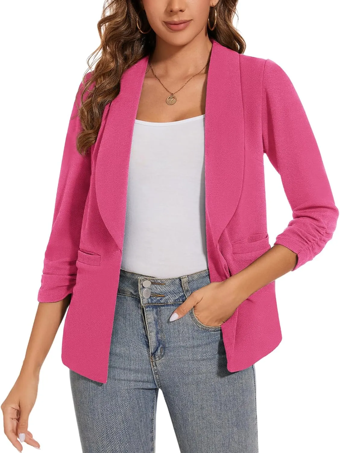 Women Casual Shawl Lapel Work Blazer Ruched 3/4 Sleeve Open Front Business Office Suit Jackets with Pockets
