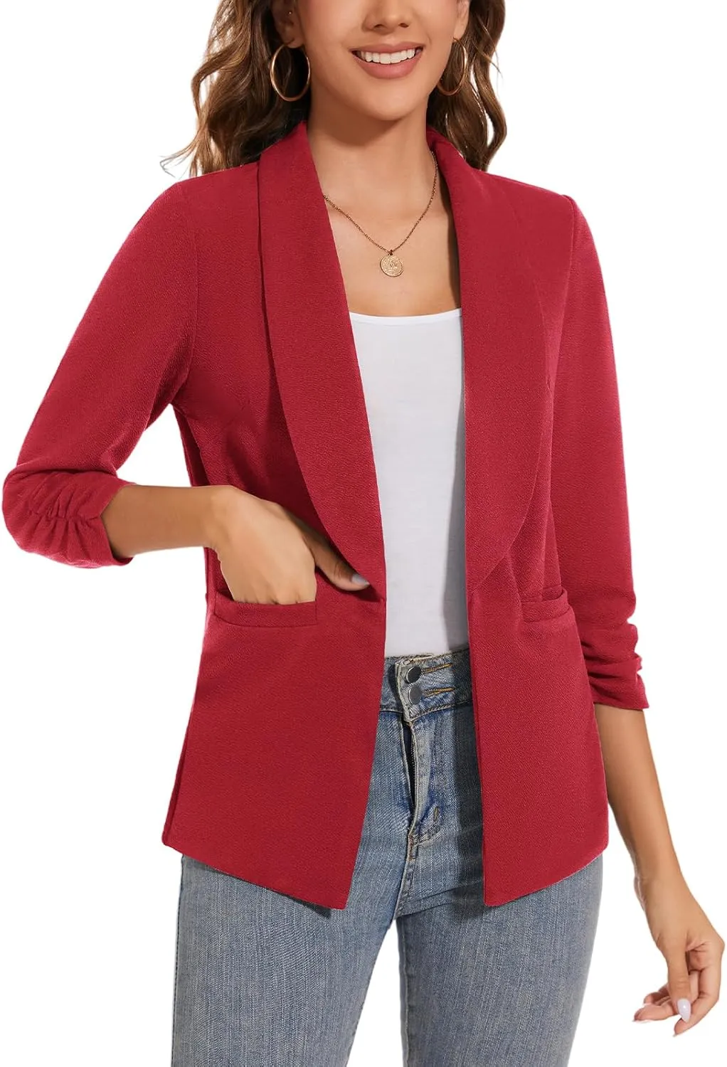 Women Casual Shawl Lapel Work Blazer Ruched 3/4 Sleeve Open Front Business Office Suit Jackets with Pockets