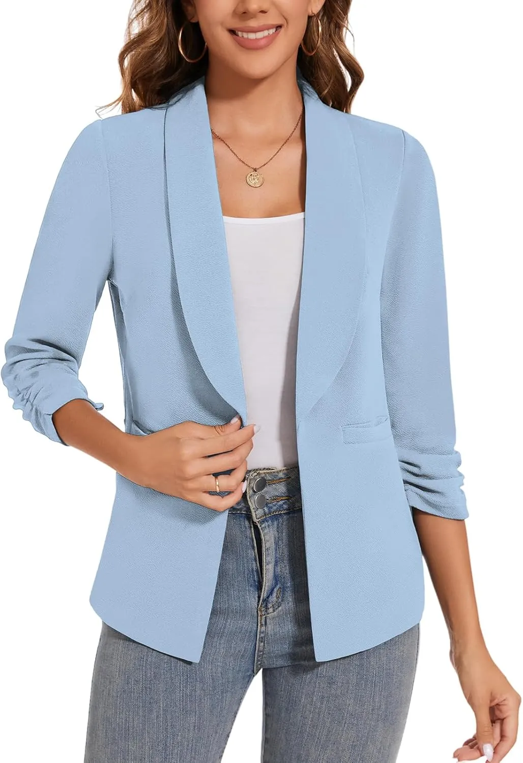 Women Casual Shawl Lapel Work Blazer Ruched 3/4 Sleeve Open Front Business Office Suit Jackets with Pockets