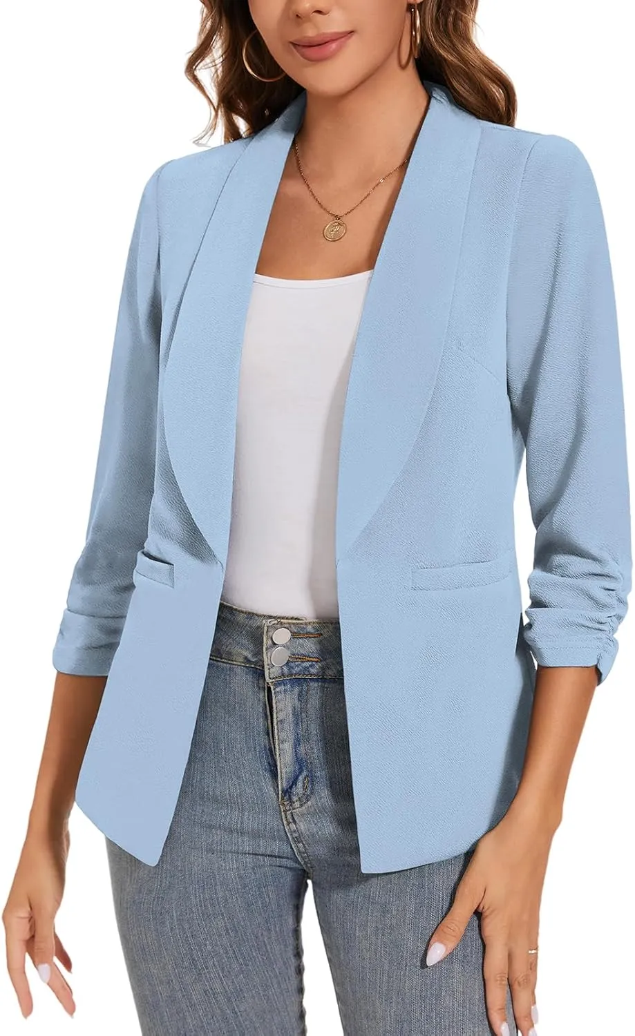 Women Casual Shawl Lapel Work Blazer Ruched 3/4 Sleeve Open Front Business Office Suit Jackets with Pockets