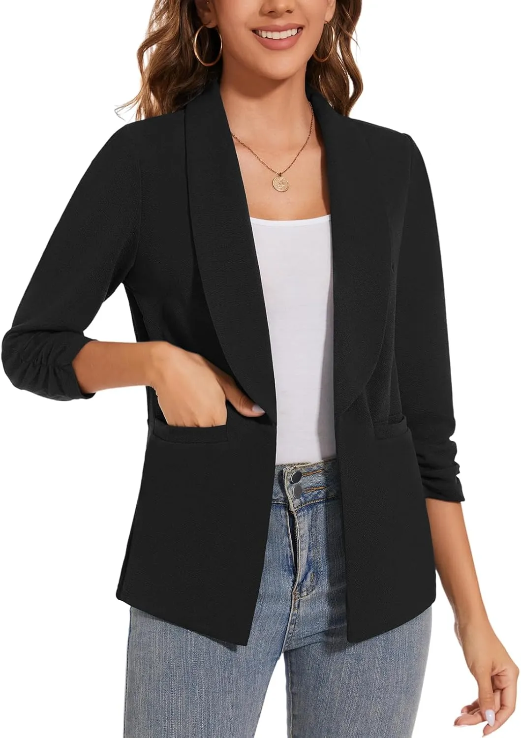 Women Casual Shawl Lapel Work Blazer Ruched 3/4 Sleeve Open Front Business Office Suit Jackets with Pockets