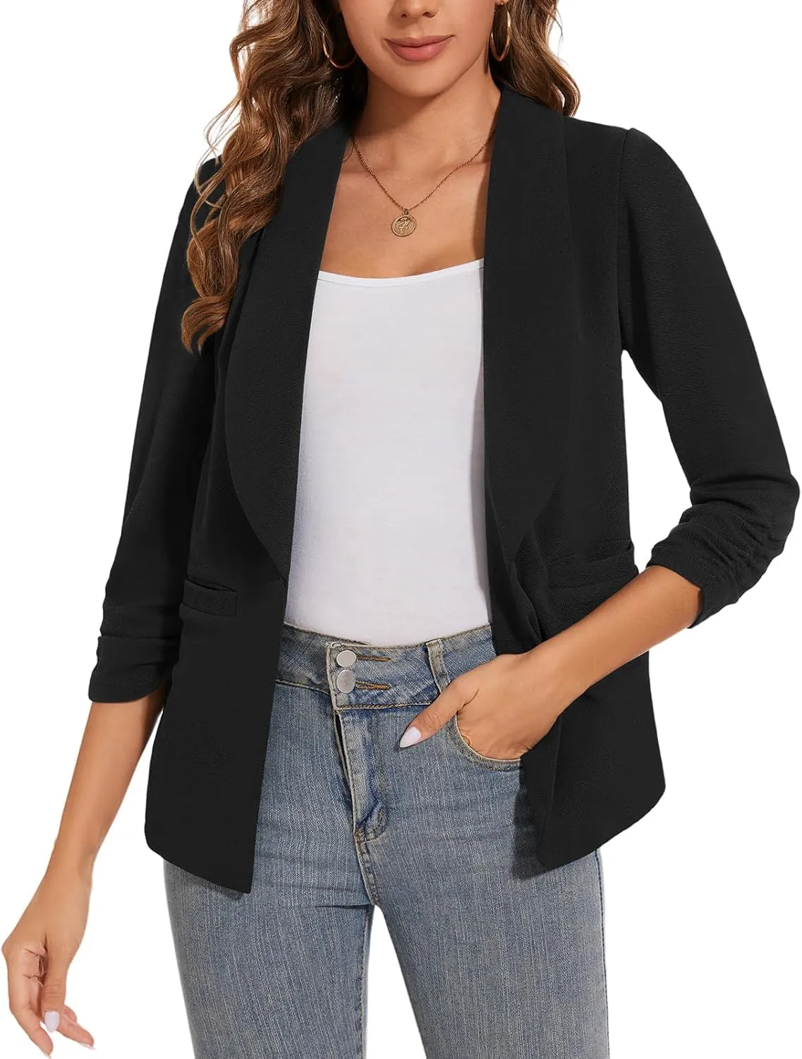 Women Casual Shawl Lapel Work Blazer Ruched 3/4 Sleeve Open Front Business Office Suit Jackets with Pockets