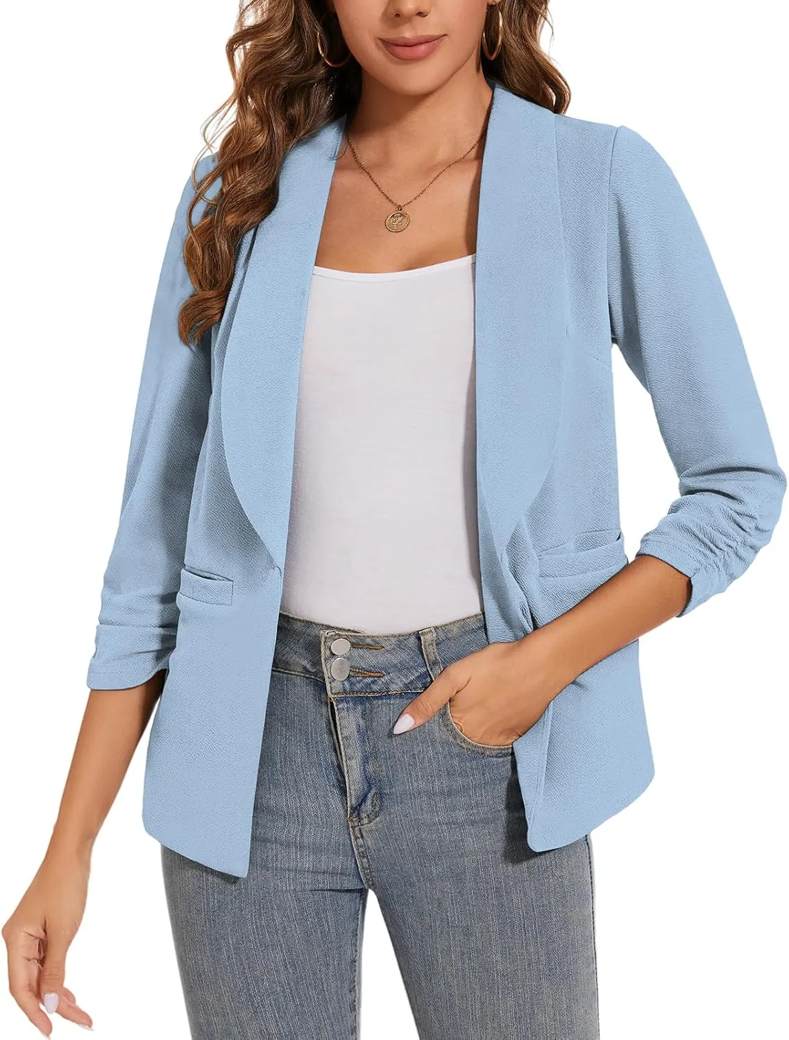 Women Casual Shawl Lapel Work Blazer Ruched 3/4 Sleeve Open Front Business Office Suit Jackets with Pockets