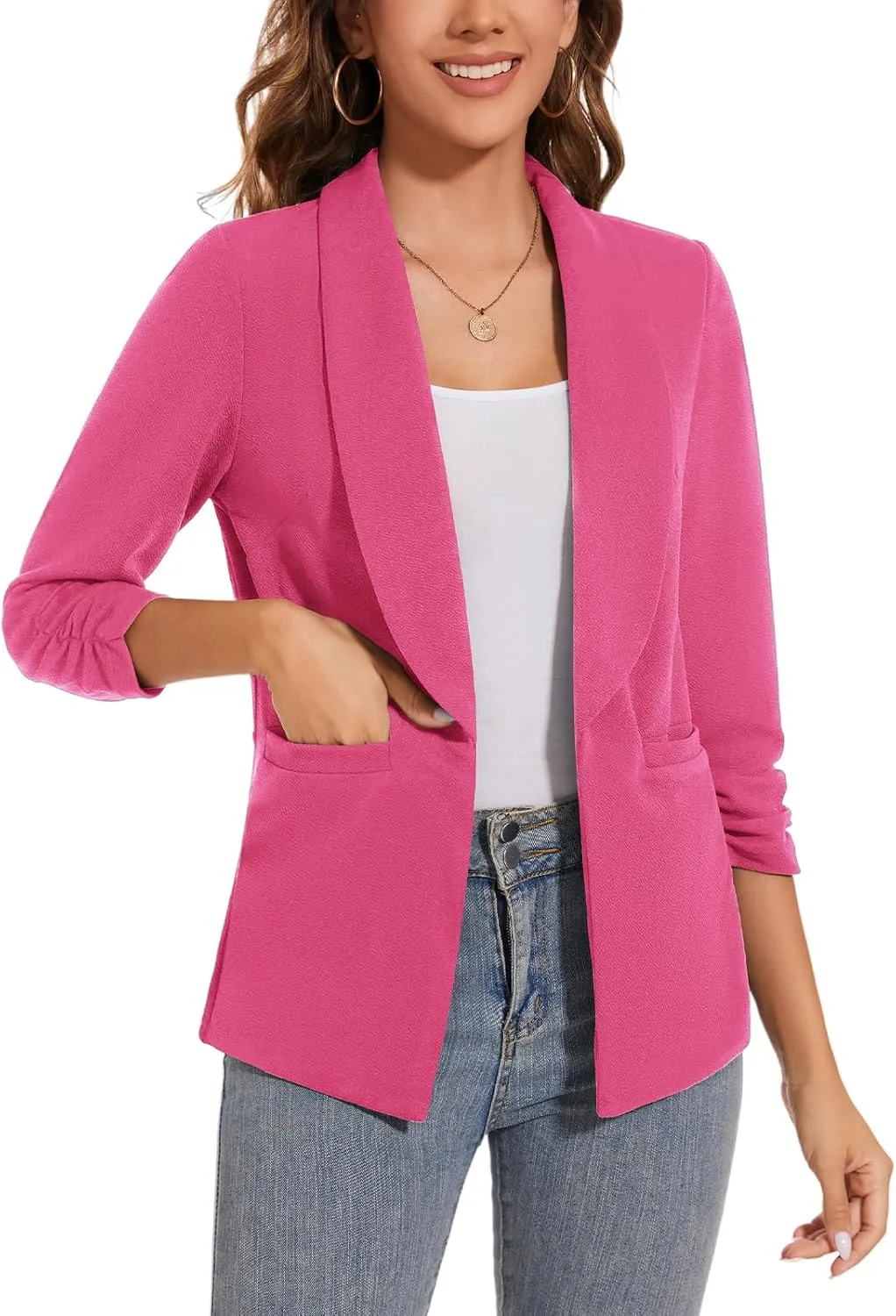 Women Casual Shawl Lapel Work Blazer Ruched 3/4 Sleeve Open Front Business Office Suit Jackets with Pockets