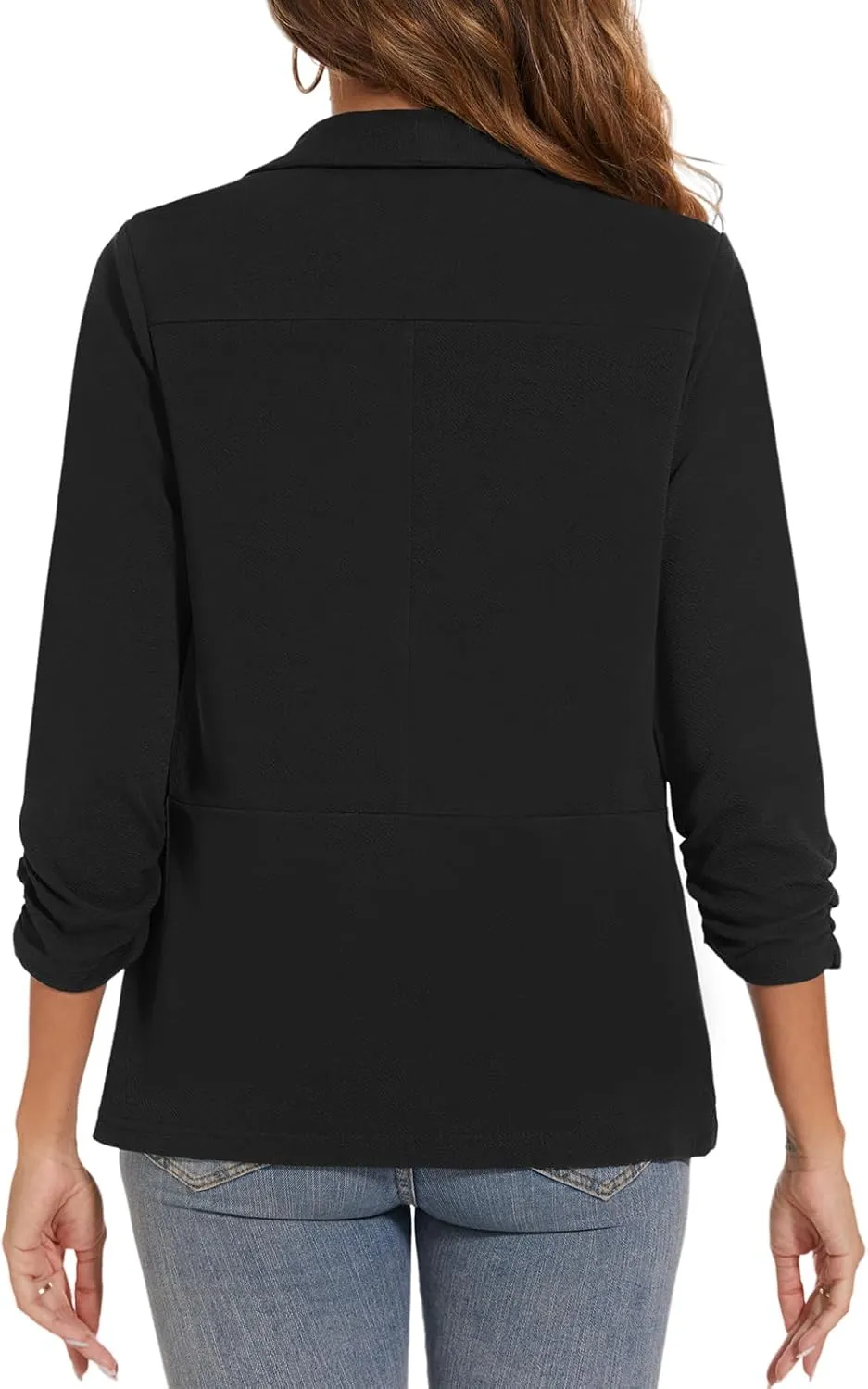 Women Casual Shawl Lapel Work Blazer Ruched 3/4 Sleeve Open Front Business Office Suit Jackets with Pockets