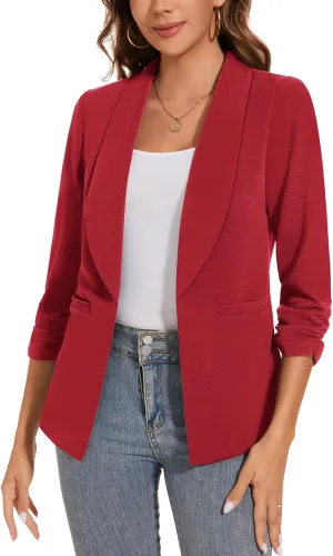 Women Casual Shawl Lapel Work Blazer Ruched 3/4 Sleeve Open Front Business Office Suit Jackets with Pockets