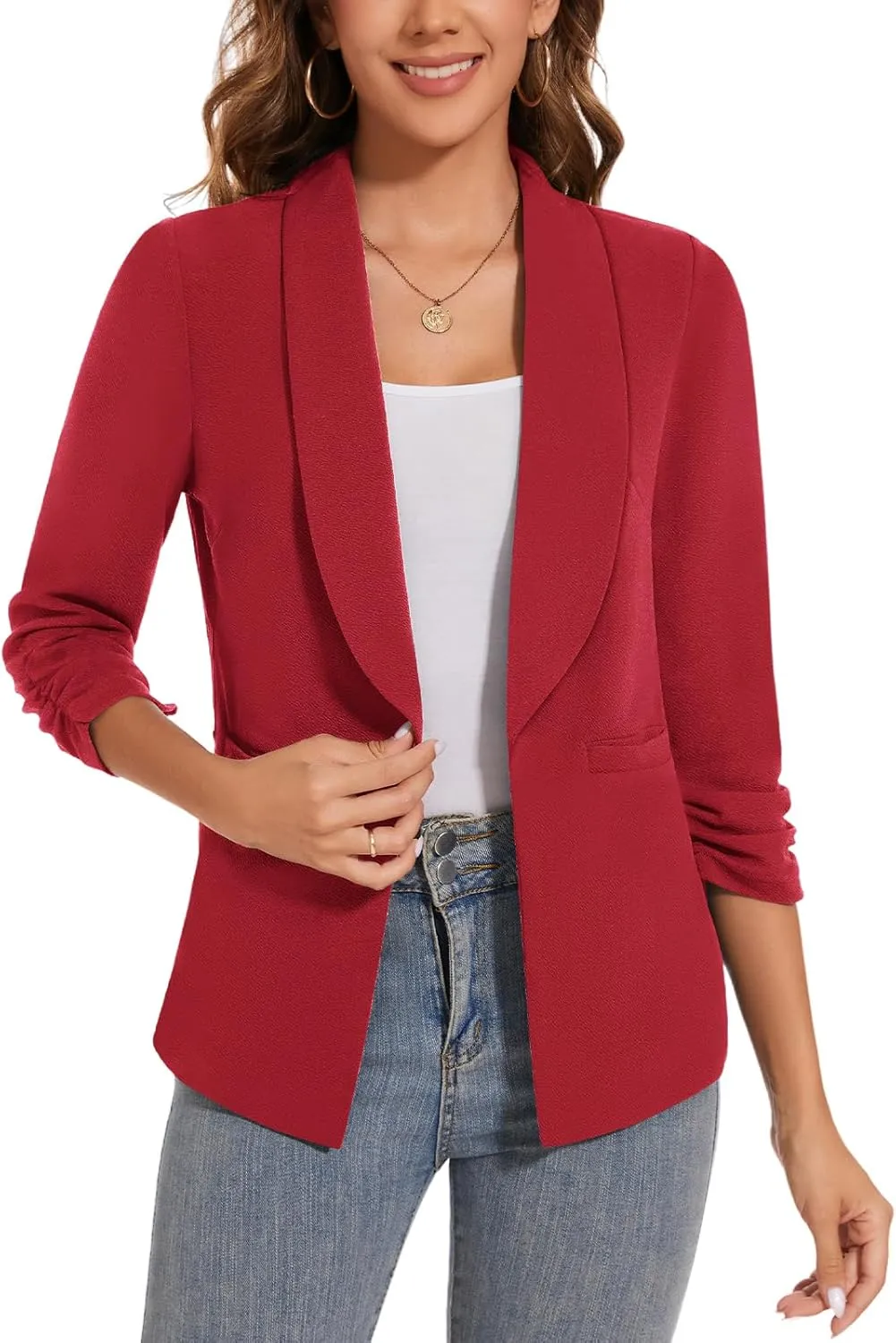 Women Casual Shawl Lapel Work Blazer Ruched 3/4 Sleeve Open Front Business Office Suit Jackets with Pockets