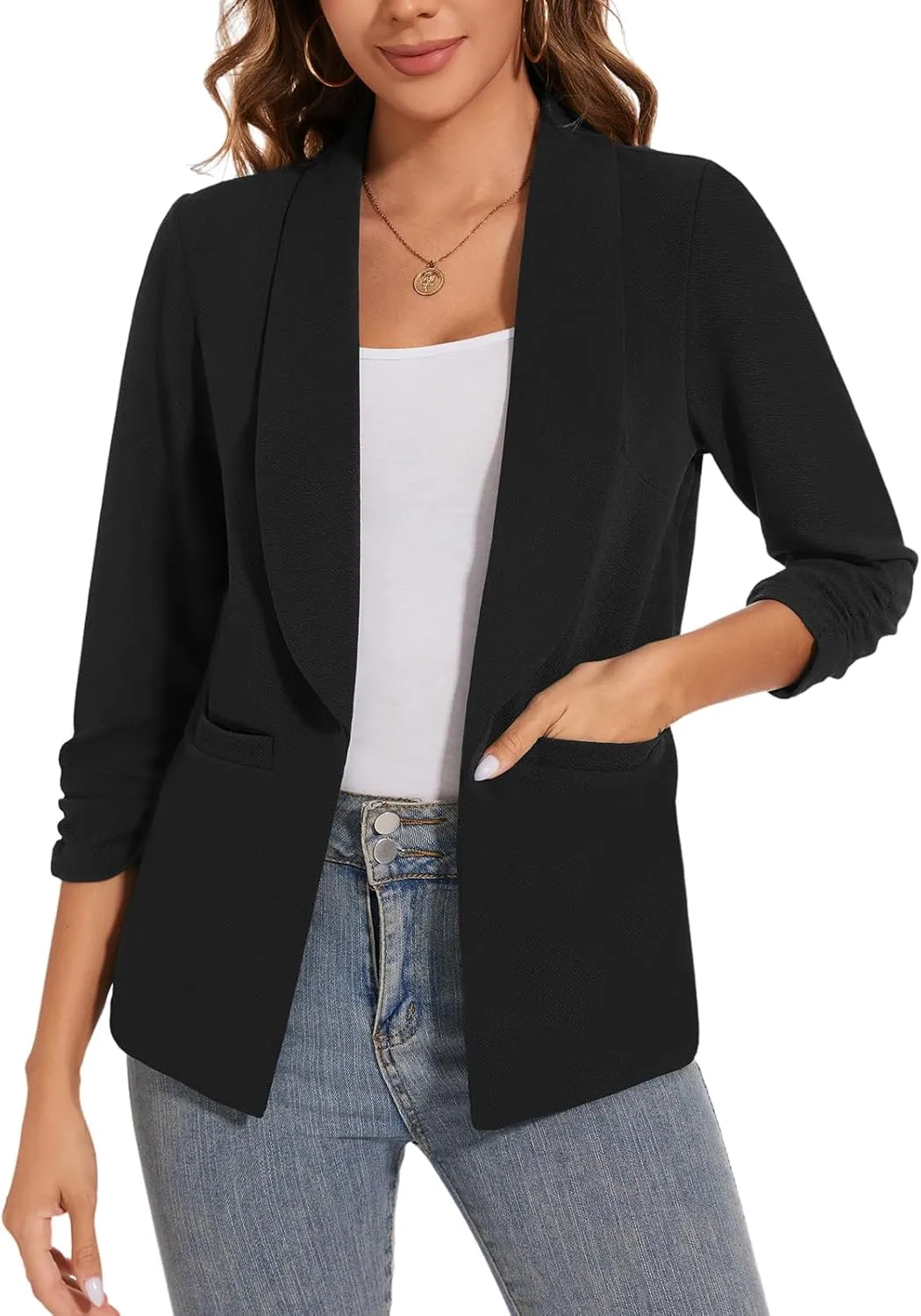 Women Casual Shawl Lapel Work Blazer Ruched 3/4 Sleeve Open Front Business Office Suit Jackets with Pockets