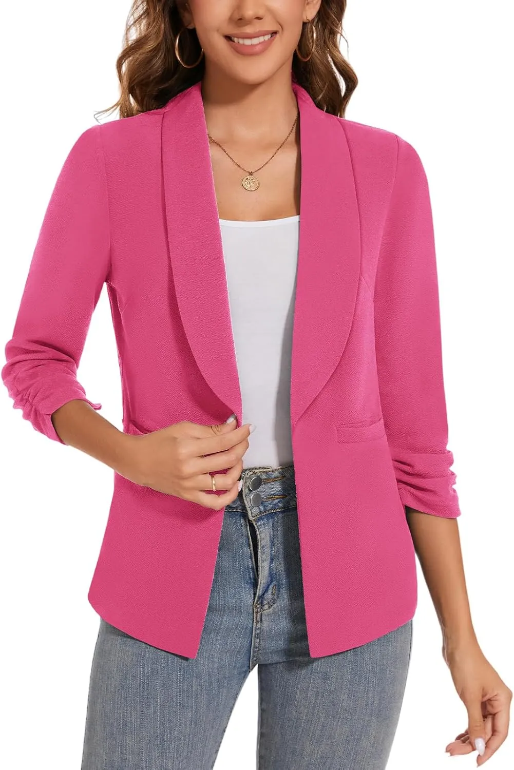 Women Casual Shawl Lapel Work Blazer Ruched 3/4 Sleeve Open Front Business Office Suit Jackets with Pockets