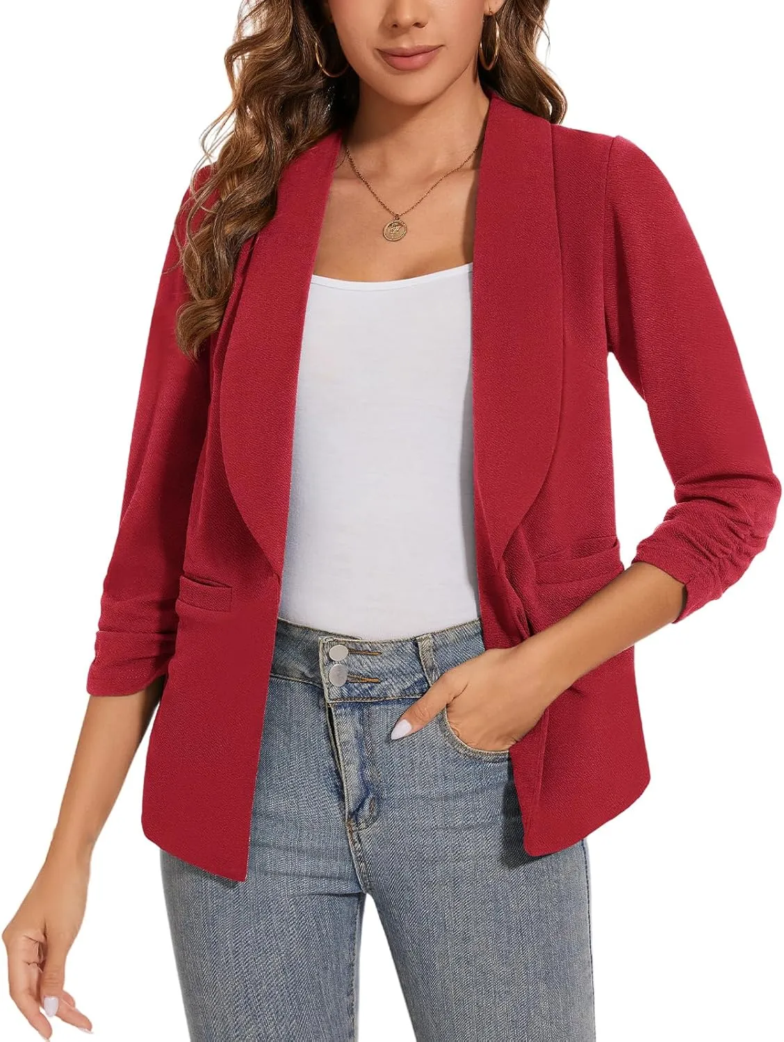 Women Casual Shawl Lapel Work Blazer Ruched 3/4 Sleeve Open Front Business Office Suit Jackets with Pockets