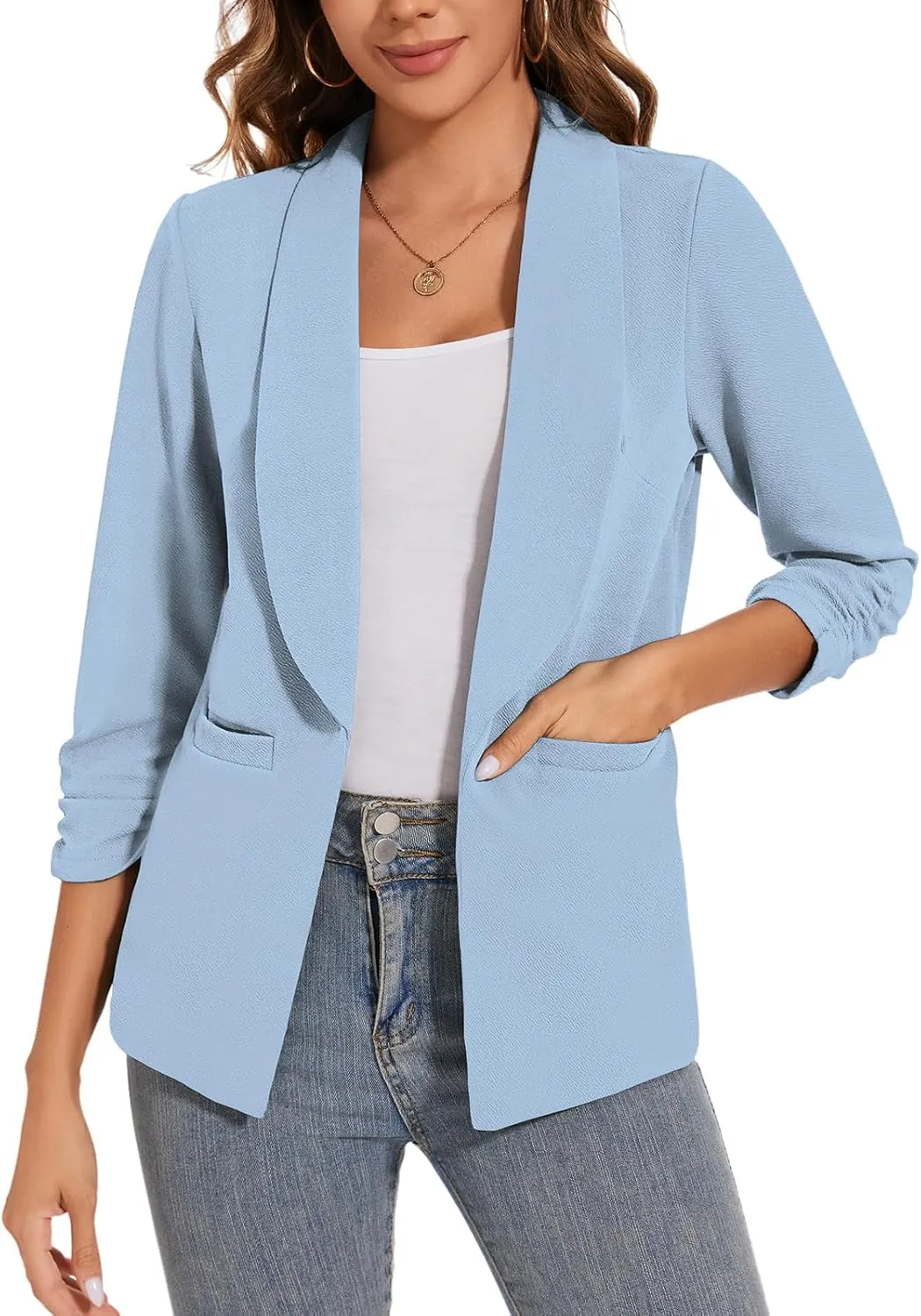 Women Casual Shawl Lapel Work Blazer Ruched 3/4 Sleeve Open Front Business Office Suit Jackets with Pockets