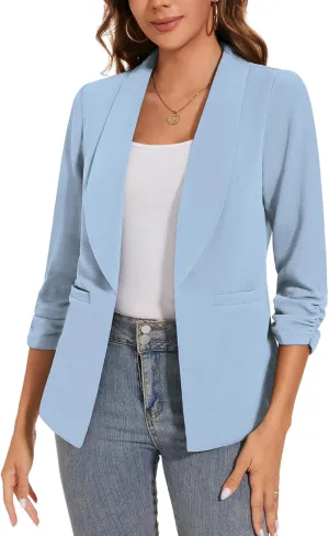 Women Casual Shawl Lapel Work Blazer Ruched 3/4 Sleeve Open Front Business Office Suit Jackets with Pockets