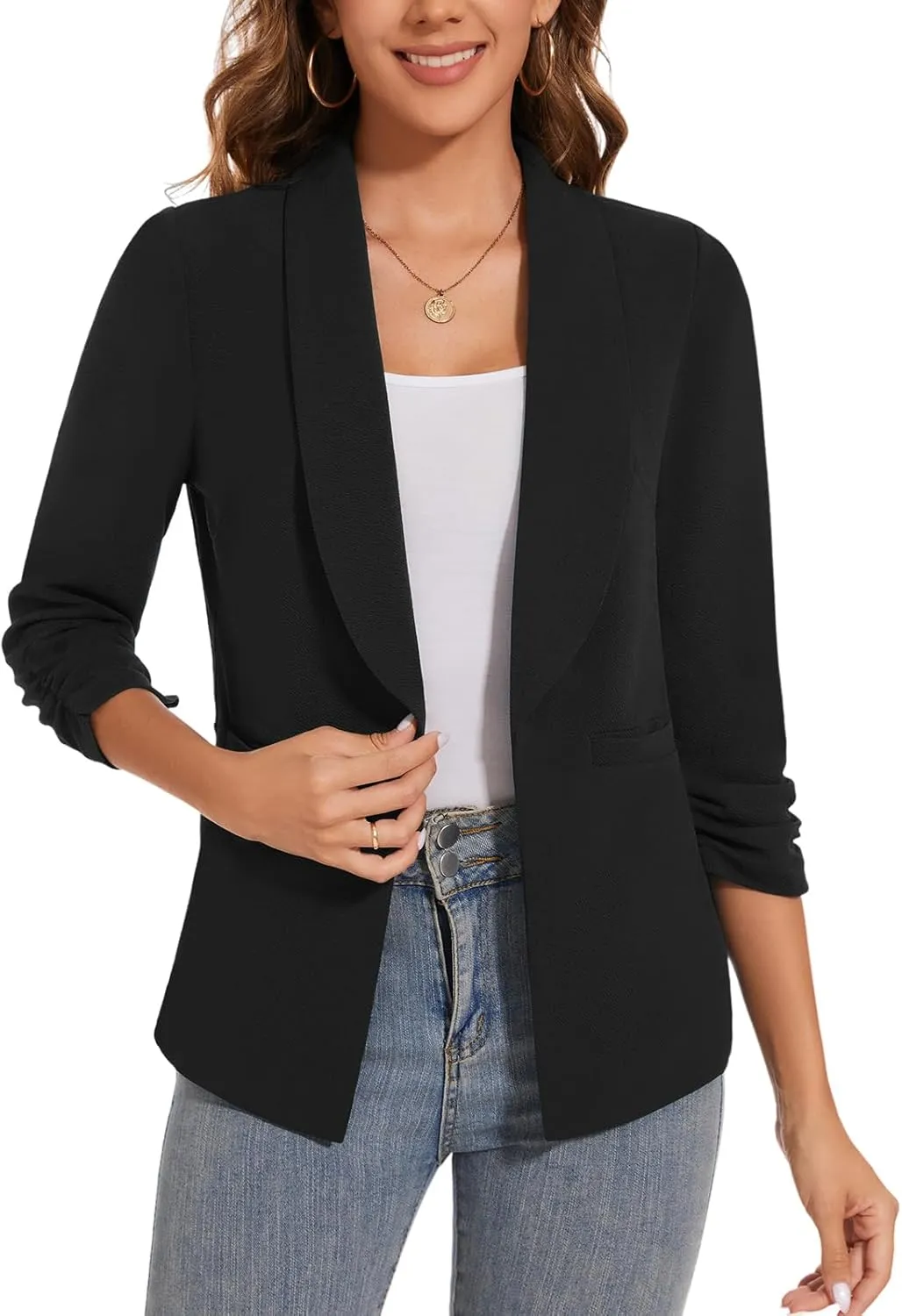 Women Casual Shawl Lapel Work Blazer Ruched 3/4 Sleeve Open Front Business Office Suit Jackets with Pockets