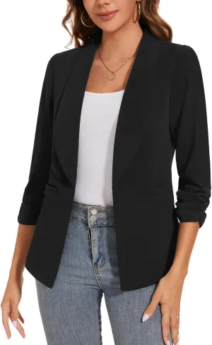 Women Casual Shawl Lapel Work Blazer Ruched 3/4 Sleeve Open Front Business Office Suit Jackets with Pockets
