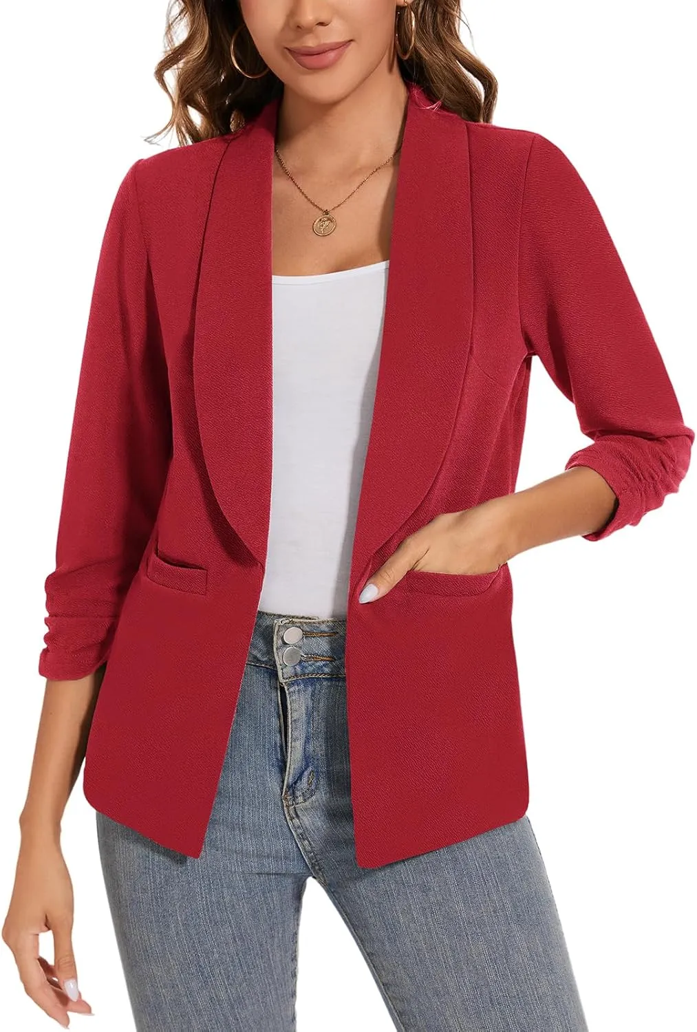 Women Casual Shawl Lapel Work Blazer Ruched 3/4 Sleeve Open Front Business Office Suit Jackets with Pockets