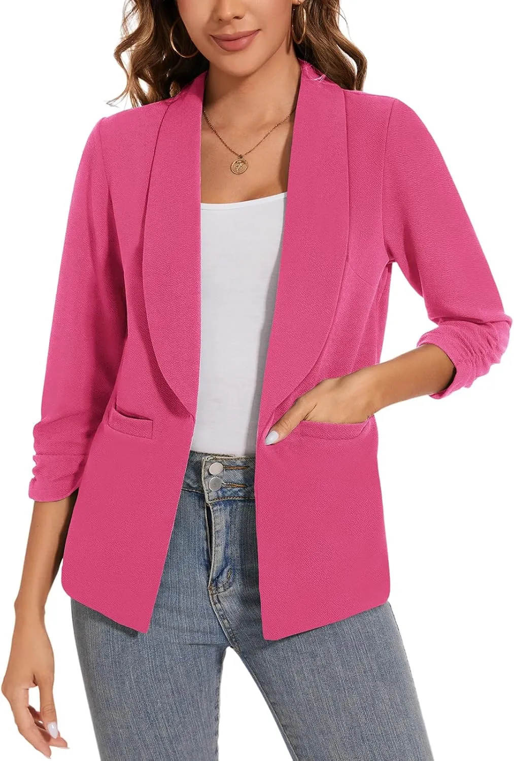 Women Casual Shawl Lapel Work Blazer Ruched 3/4 Sleeve Open Front Business Office Suit Jackets with Pockets
