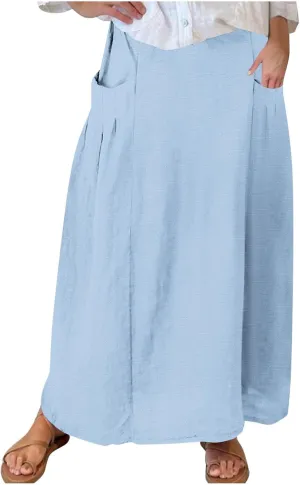 Women Casual Skirts Elastic Waist Summer Skirts Plus Size Maxi Skirts with Pockets A Line Vacation Skirts Loose Skirt