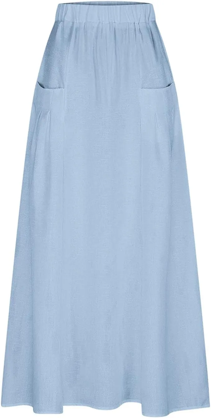 Women Casual Skirts Elastic Waist Summer Skirts Plus Size Maxi Skirts with Pockets A Line Vacation Skirts Loose Skirt